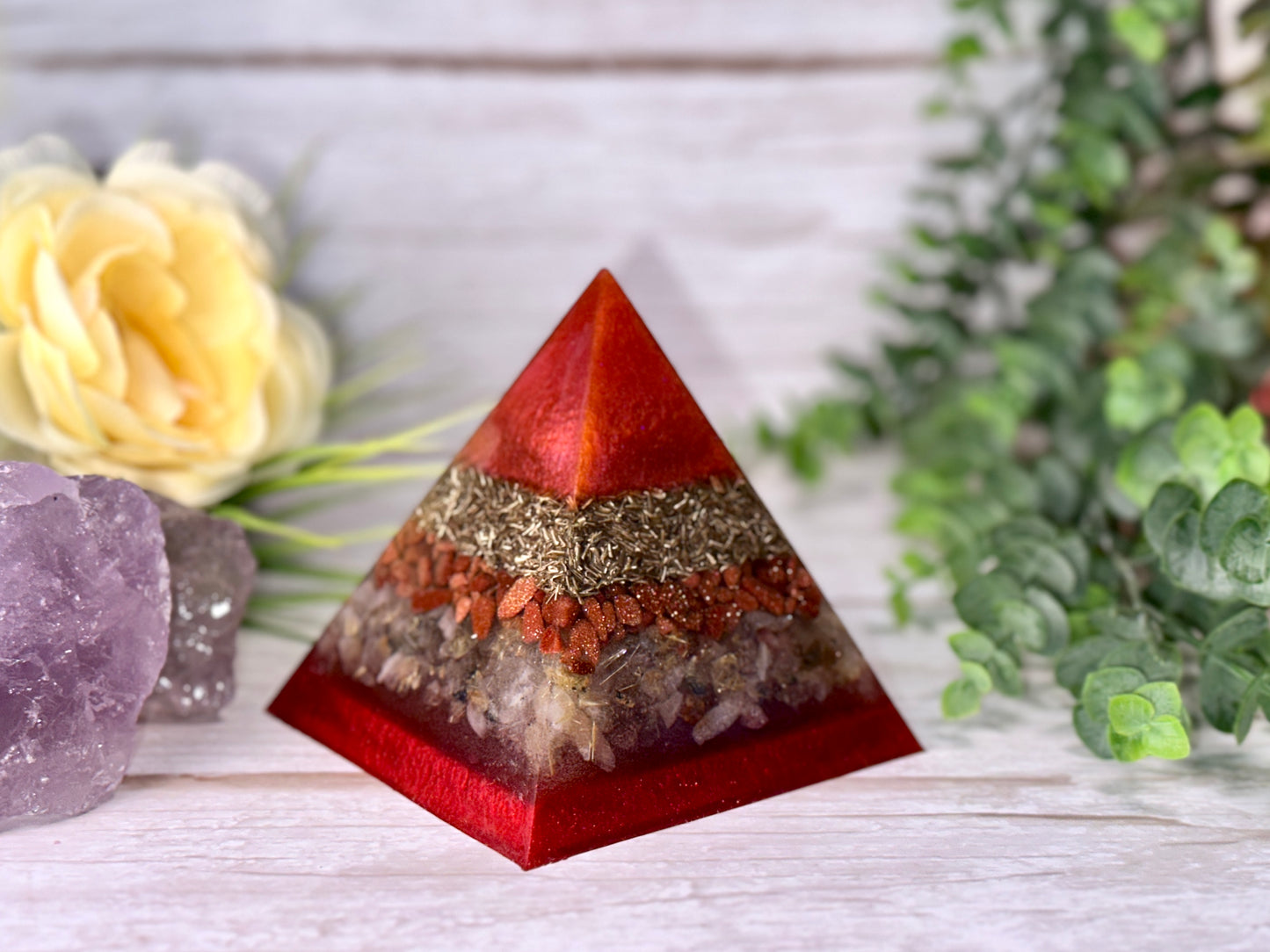 AMBITION - Beginners Series  - Orgonite Pyramid - EMF Protector - Red Goldstone, Rutilated Quartz and Brass Metals