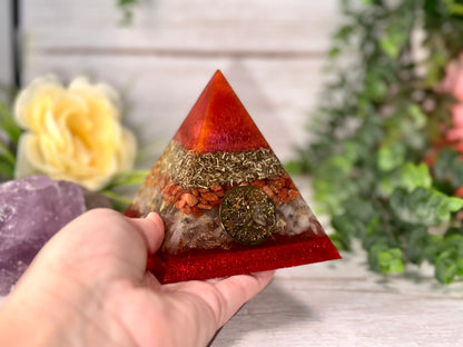 AMBITION - Beginners Series  - Orgonite Pyramid - EMF Protector - Red Goldstone, Rutilated Quartz and Brass Metals