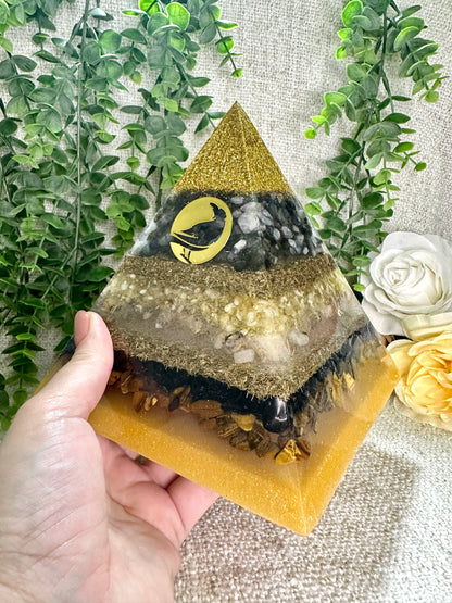 SENDING RAVENS Special Edition Pyramid! - Orgonite Pyramid - EMF Protector -  Labradorite, Citrine, Rutilated Quartz, Shungite, Tiger's Eye with Brass and Golden Brass Metals.