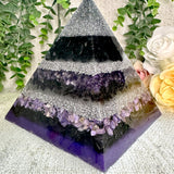 BEYOND MYSTIC Special Edition Pyramid! - Orgonite Pyramid - EMF Protector - Shungite, Amethyst, Smoky Quartz, Charoite with Aluminum and White Brass Metals.