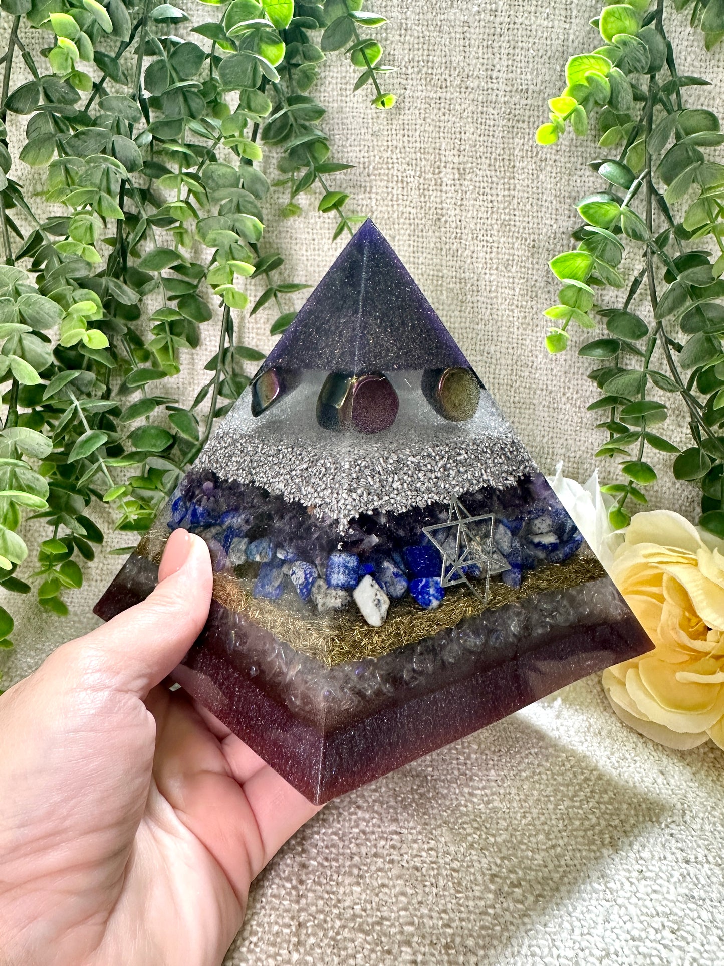 STELLA - Orgonite Pyramid - EMF Protector - Rainbow Hematite, Amethyst, Lapis Lazuli, Aura Quartz with Aluminum and Brass Metals