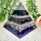 BEYOND MYSTIC Special Edition Pyramid! - Orgonite Pyramid - EMF Protector - Shungite, Amethyst, Smoky Quartz, Charoite with Aluminum and White Brass Metals.