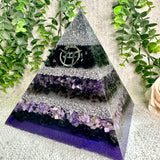BEYOND MYSTIC Special Edition Pyramid! - Orgonite Pyramid - EMF Protector - Shungite, Amethyst, Smoky Quartz, Charoite with Aluminum and White Brass Metals.