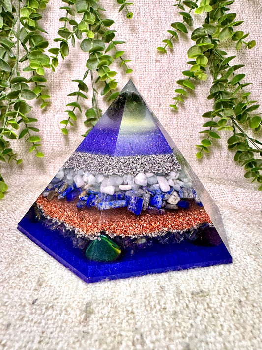 STARSEEDS - Special Edition Hexagonal Pyramid! - EMF Protector - Tektite, Aquamarine, Lapis Lazuli, Aura Quartz and Rainbow Hematite with Aluminum and Copper Metals