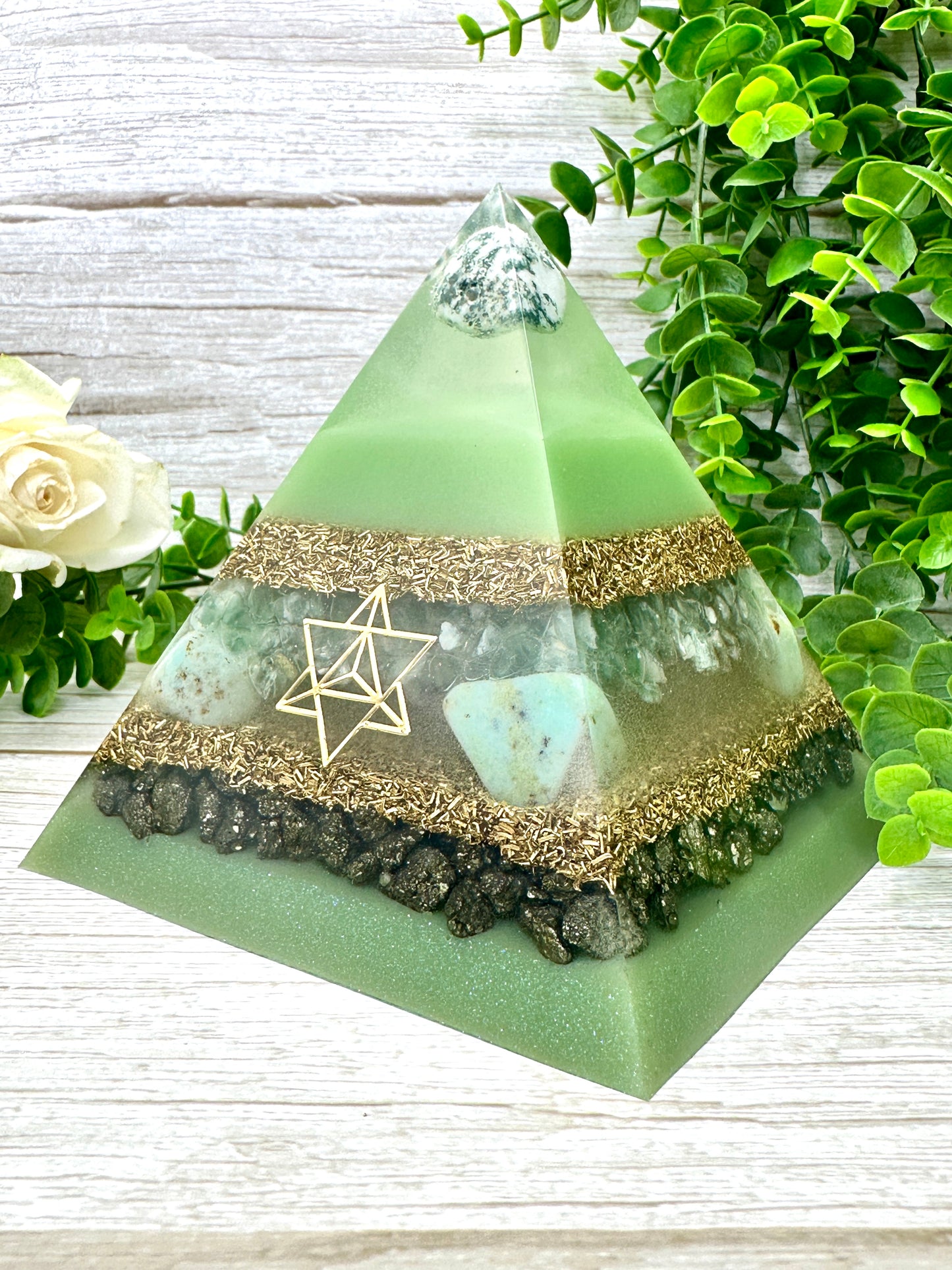 GIA - Orgonite Pyramid - EMF Protector - Tree Agate, Green Fluorite, Chrysoprase, Pyrite and Brass Metals