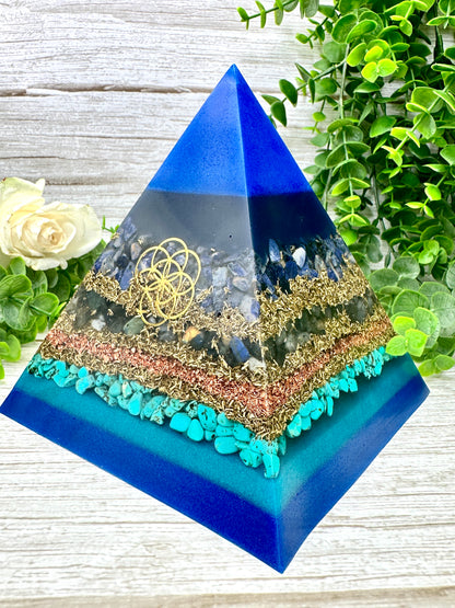 SAMANTHA - Orgonite Pyramid - EMF Protector - Sodalite, Labradorite, Turquoise and Brass Metals