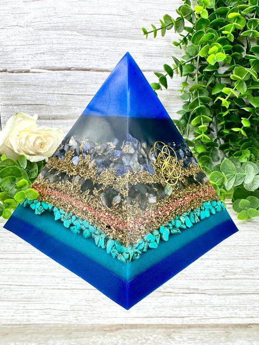 SAMANTHA - Orgonite Pyramid - EMF Protector - Sodalite, Labradorite, Turquoise and Brass Metals