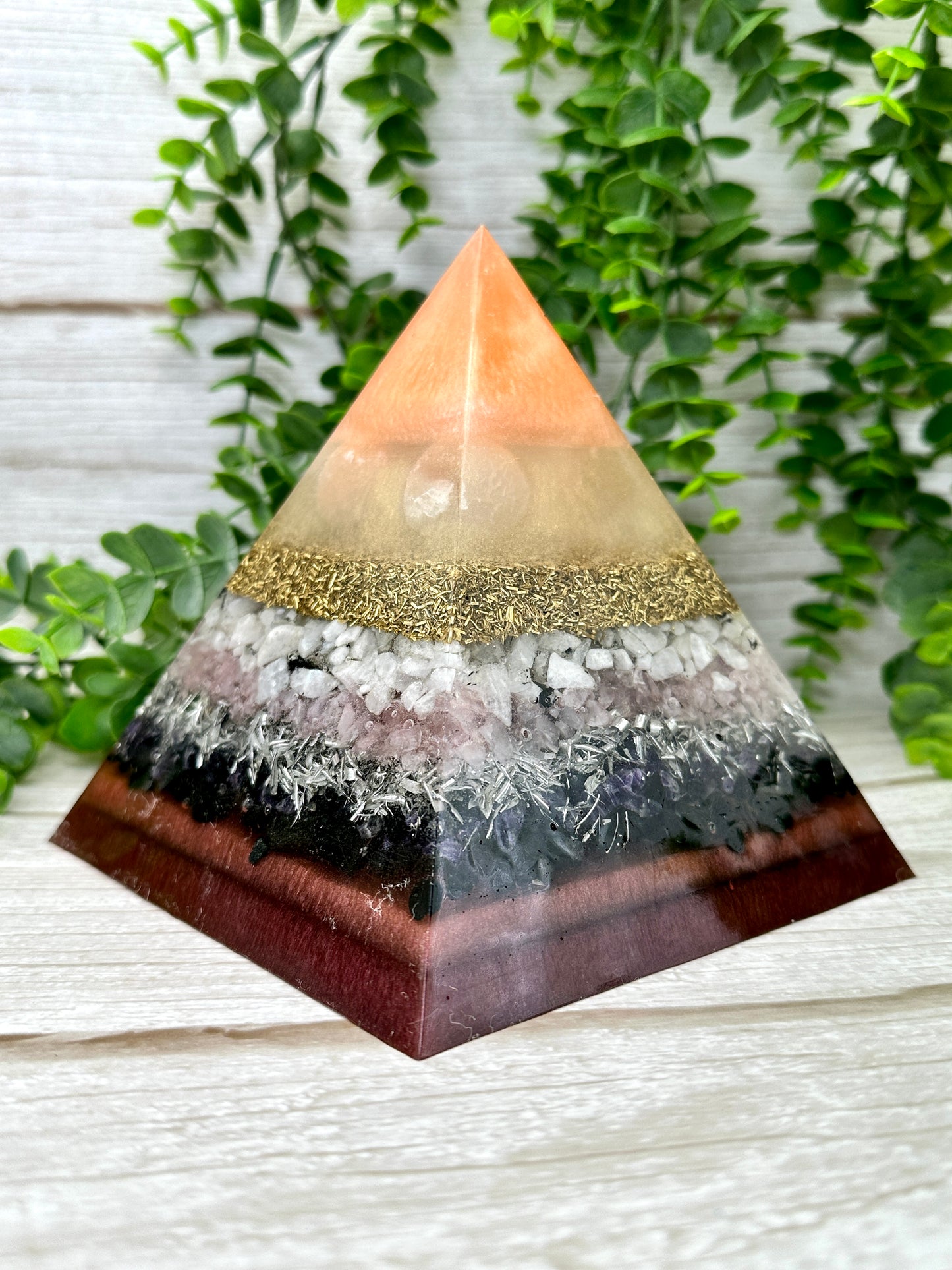MOTHER'S DAY Special Edition Pyramid! - EMF Protector - Selenite, Moonstone, Rose Quartz, Amethyst, Black Tourmaline and Brass with Aluminum Metals