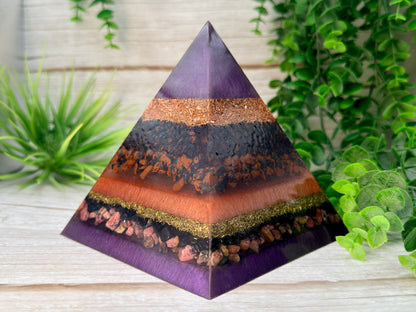 ORION - Orgonite Pyramid - EMF Protector - Garnet, Mahogany Obsidian, Shungite, Rhodonite with Copper & Brass Metals