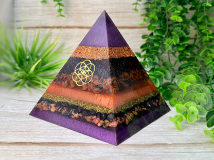 ORION - Orgonite Pyramid - EMF Protector - Garnet, Mahogany Obsidian, Shungite, Rhodonite with Copper & Brass Metals