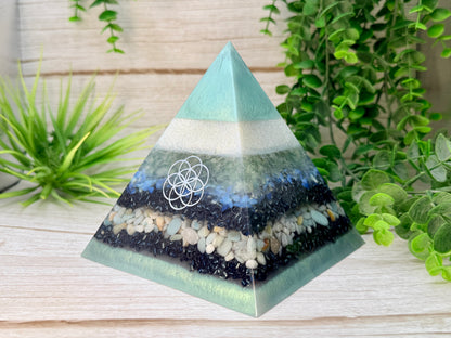 CLAIRE - Orgonite Pyramid - EMF Protector - Green Fluorite, Opalite and Amazonite with Stainless Steel & Iron Metals