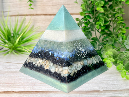 CLAIRE - Orgonite Pyramid - EMF Protector - Green Fluorite, Opalite and Amazonite with Stainless Steel & Iron Metals