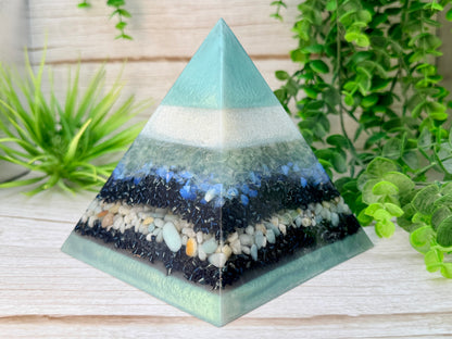 CLAIRE - Orgonite Pyramid - EMF Protector - Green Fluorite, Opalite and Amazonite with Stainless Steel & Iron Metals