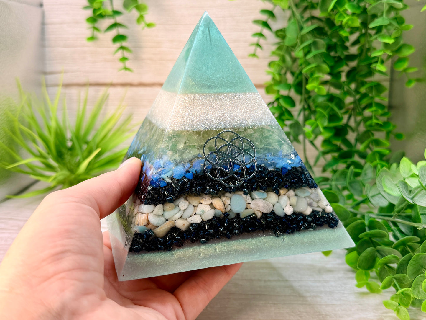 CLAIRE - Orgonite Pyramid - EMF Protector - Green Fluorite, Opalite and Amazonite with Stainless Steel & Iron Metals