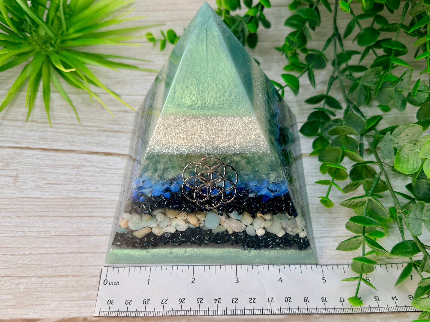 CLAIRE - Orgonite Pyramid - EMF Protector - Green Fluorite, Opalite and Amazonite with Stainless Steel & Iron Metals