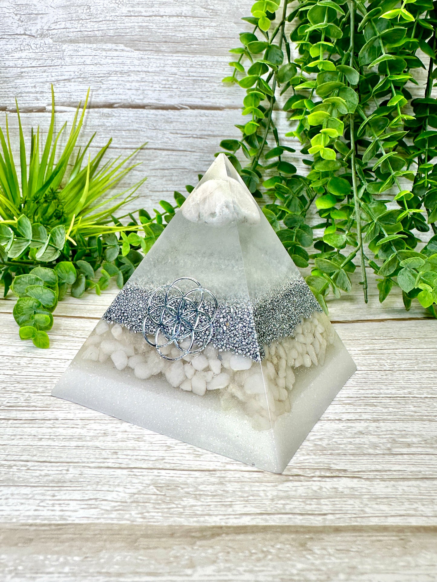 CLEARING - Beginners Series  - Orgonite Pyramid - EMF Protector - Moonstone, White Milky Quartz with Aluminum Metal