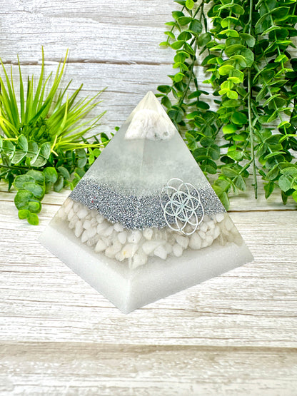 CLEARING - Beginners Series  - Orgonite Pyramid - EMF Protector - Moonstone, White Milky Quartz with Aluminum Metal