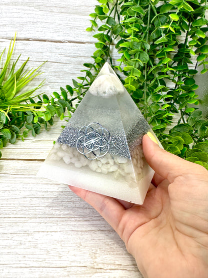 CLEARING - Beginners Series  - Orgonite Pyramid - EMF Protector - Moonstone, White Milky Quartz with Aluminum Metal