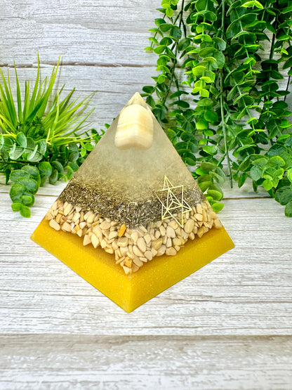 HAPPINESS & JOY - Beginners Series  - Orgonite Pyramid - EMF Protector - Orange Calcite, Yellow Aventurine with Brass Metal