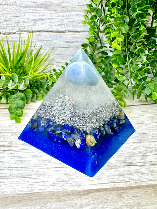 WISDOM & FREEDOM - Beginners Series  - Orgonite Pyramid - EMF Protector - Angelite, Lapis Lazuli with Aluminum Metal