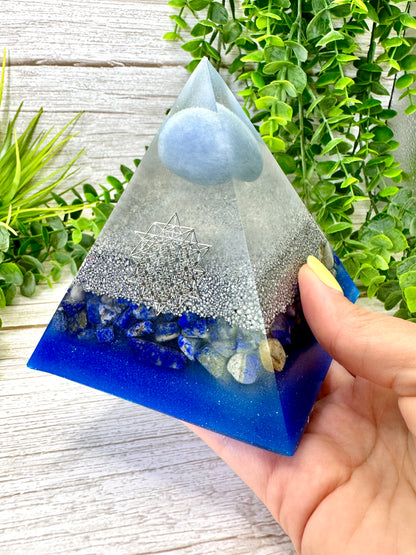 WISDOM & FREEDOM - Beginners Series  - Orgonite Pyramid - EMF Protector - Angelite, Lapis Lazuli with Aluminum Metal