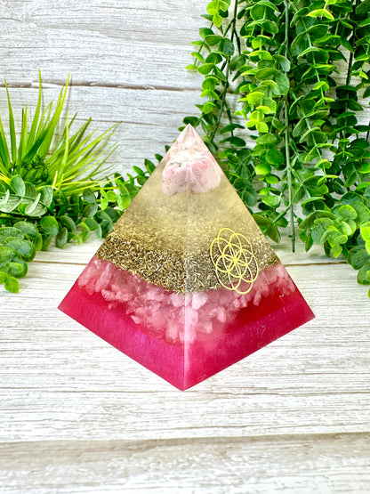 LOVE & ROMANCE - Beginners Series  - Orgonite Pyramid - EMF Protector - Rhodonite, Rose Quartz with Brass Metal