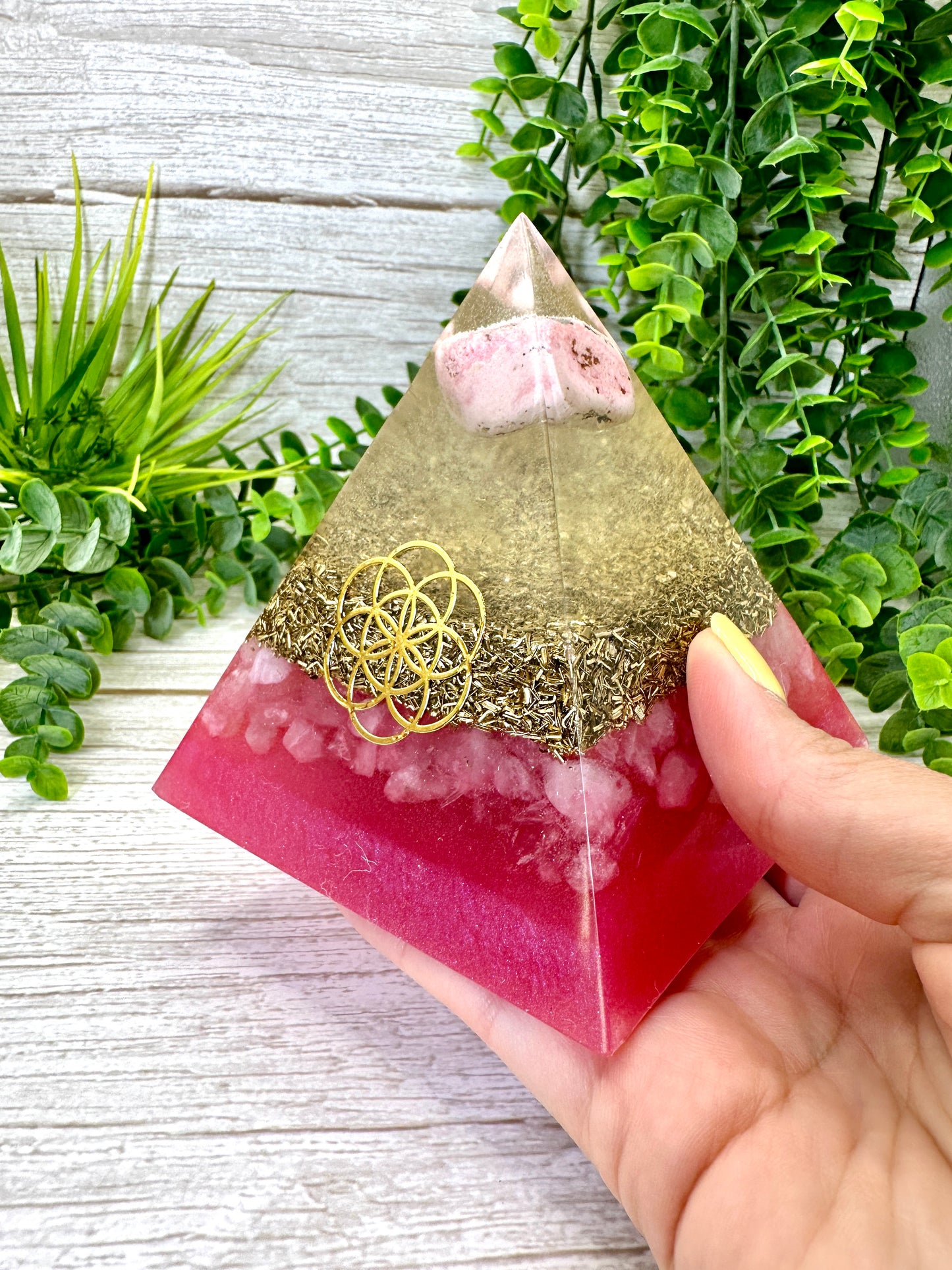 LOVE & ROMANCE - Beginners Series  - Orgonite Pyramid - EMF Protector - Rhodonite, Rose Quartz with Brass Metal