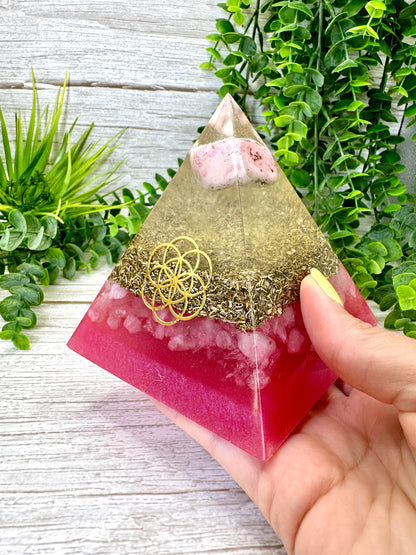 LOVE & ROMANCE - Beginners Series  - Orgonite Pyramid - EMF Protector - Rhodonite, Rose Quartz with Brass Metal