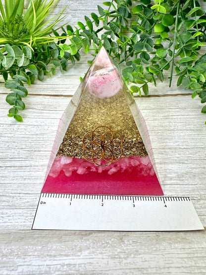 LOVE & ROMANCE - Beginners Series  - Orgonite Pyramid - EMF Protector - Rhodonite, Rose Quartz with Brass Metal