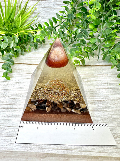 GROUNDING - Beginners Series  - Orgonite Pyramid - EMF Protector - Carnelian, Petrified Wood with Brass Metal