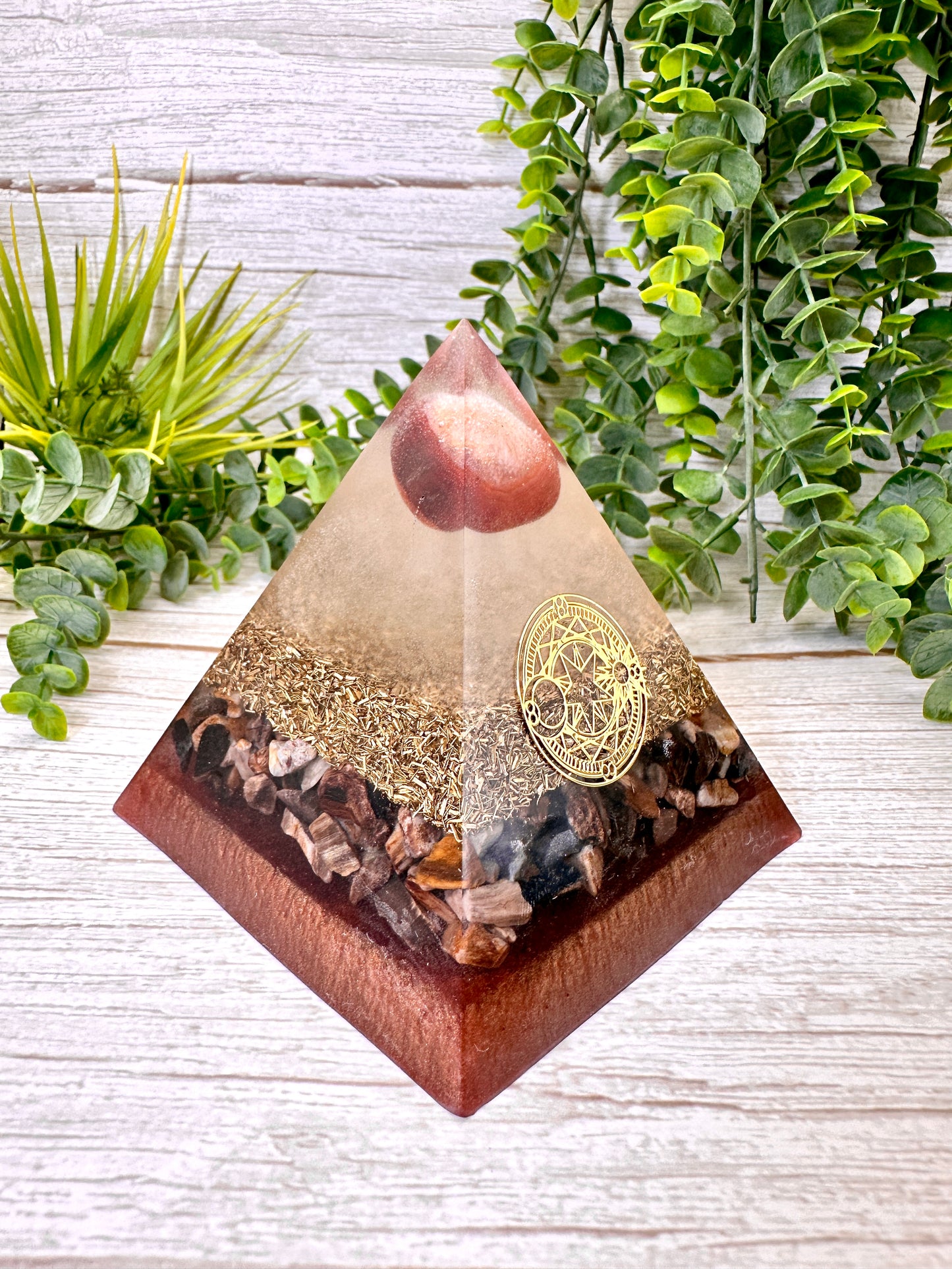 GROUNDING - Beginners Series  - Orgonite Pyramid - EMF Protector - Carnelian, Petrified Wood with Brass Metal