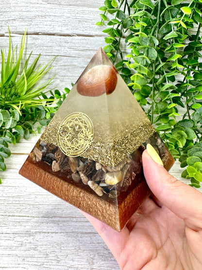 GROUNDING - Beginners Series  - Orgonite Pyramid - EMF Protector - Carnelian, Petrified Wood with Brass Metal