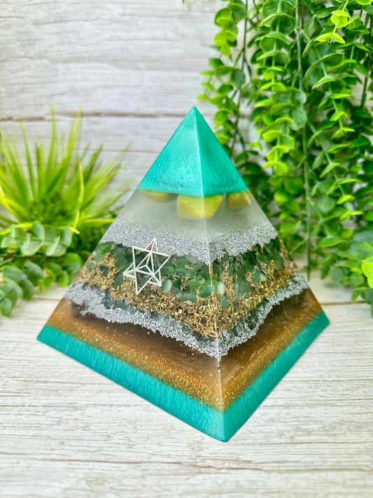 SERENITY Orgonite Pyramid - EMF Protector - Green Opal, Green Jade, Green Aventurine, Green Fluorite, DragonBlood Jasper with Aluminum and Brass Metals