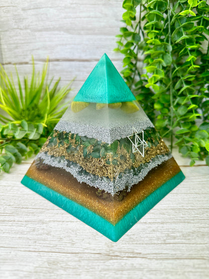 SERENITY Orgonite Pyramid - EMF Protector - Green Opal, Green Jade, Green Aventurine, Green Fluorite, DragonBlood Jasper with Aluminum and Brass Metals