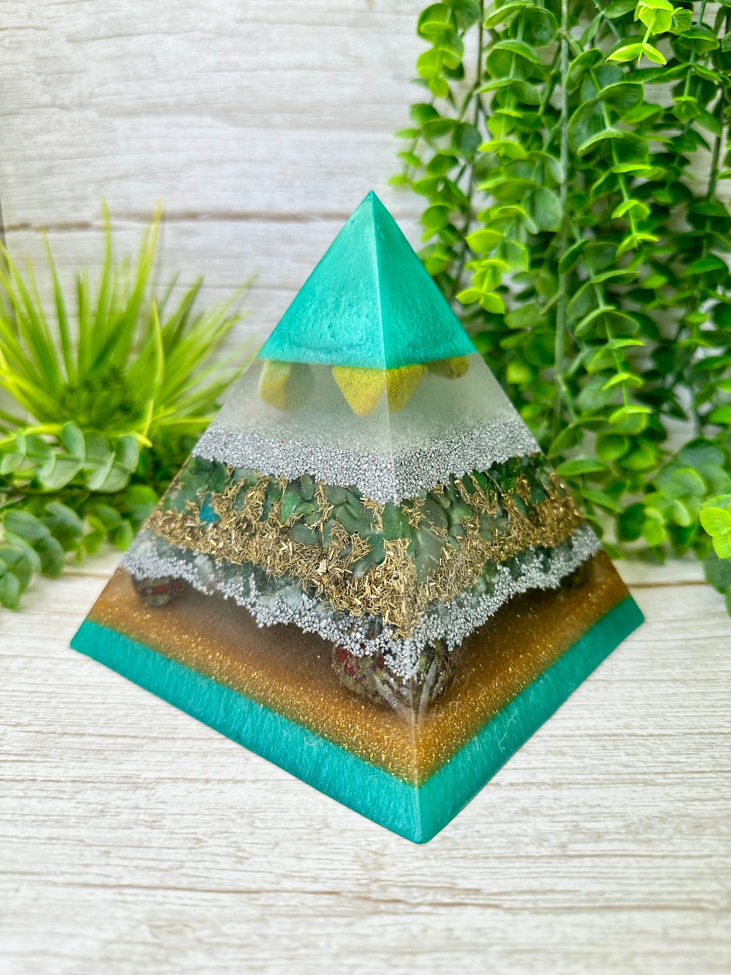 SERENITY Orgonite Pyramid - EMF Protector - Green Opal, Green Jade, Green Aventurine, Green Fluorite, DragonBlood Jasper with Aluminum and Brass Metals