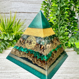 ERICA - Orgonite Pyramid - EMF Protector - Moss Agate, Petrified Wood, Malachite and Citrine with Brass Metals
