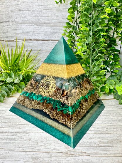 ERICA - Orgonite Pyramid - EMF Protector - Moss Agate, Petrified Wood, Malachite and Citrine with Brass Metals