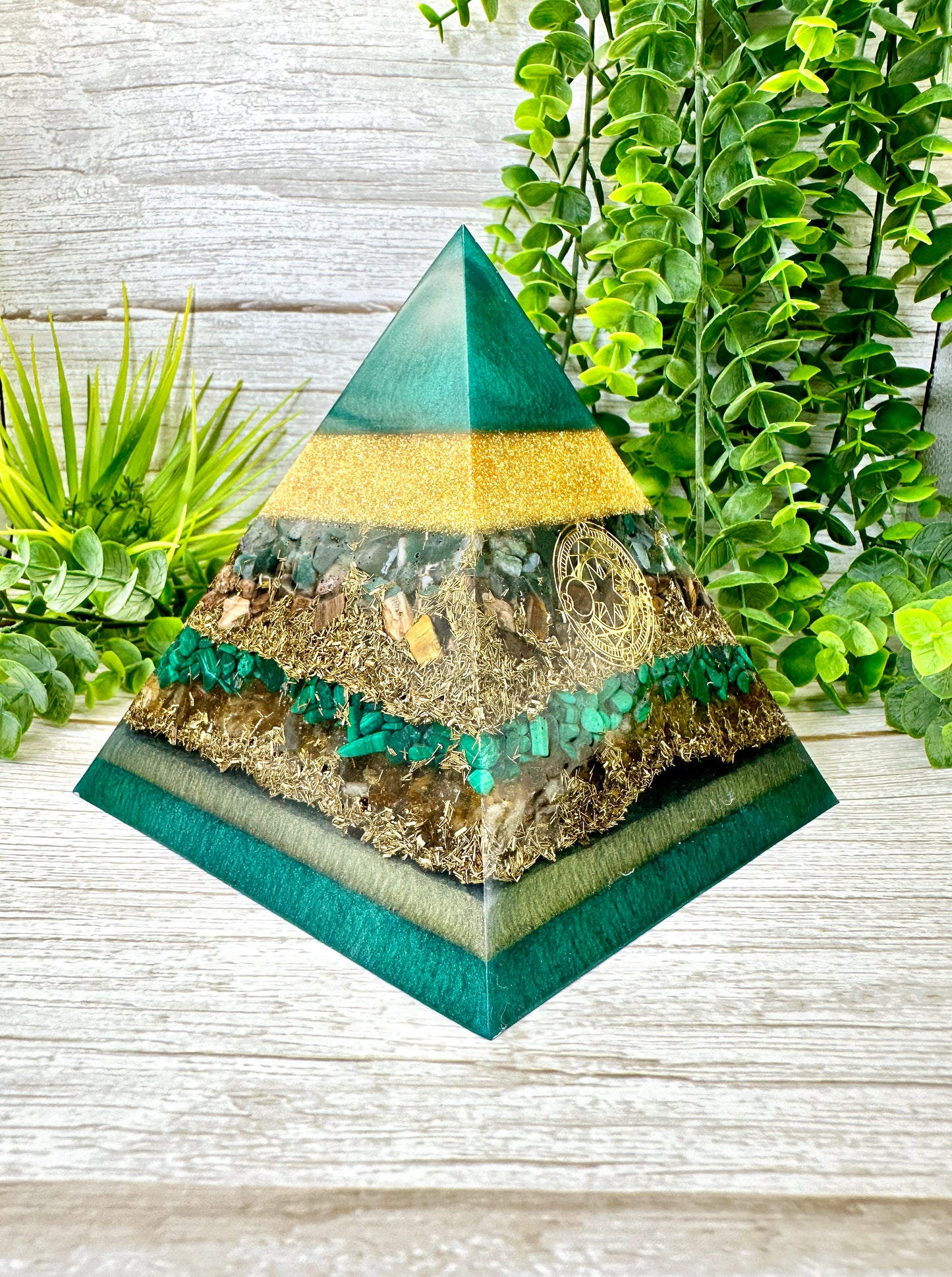 ERICA - Orgonite Pyramid - EMF Protector - Moss Agate, Petrified Wood, Malachite and Citrine with Brass Metals