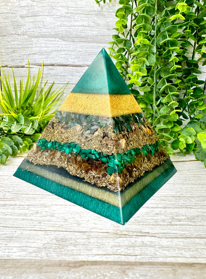 ERICA - Orgonite Pyramid - EMF Protector - Moss Agate, Petrified Wood, Malachite and Citrine with Brass Metals