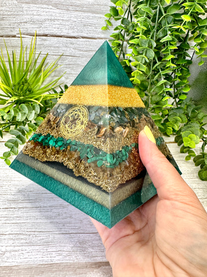 ERICA - Orgonite Pyramid - EMF Protector - Moss Agate, Petrified Wood, Malachite and Citrine with Brass Metals