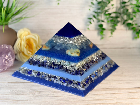 WATER - The Elementals Golden Ratio Special Edition Orgonite Pyramid - EMF Protector - Aquamarine, Chrysoprase, Amazonite, Sodalite, Lapiz Lazuli, Blue Lace Agate and Aluminum Metals