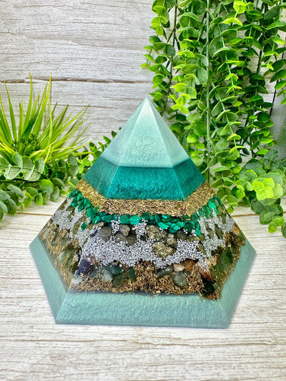 PURGING - Special Edition Hexagonal Pyramid! - EMF Protector - Malachite, Pyrite, Petrified Wood, Green Aventurine with Brass and Aluminum Metals