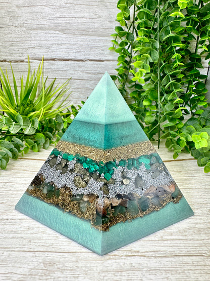 PURGING - Special Edition Hexagonal Pyramid! - EMF Protector - Malachite, Pyrite, Petrified Wood, Green Aventurine with Brass and Aluminum Metals