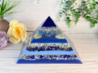 WATER - The Elementals Golden Ratio Special Edition Orgonite Pyramid - EMF Protector - Aquamarine, Chrysoprase, Amazonite, Sodalite, Lapiz Lazuli, Blue Lace Agate and Aluminum Metals