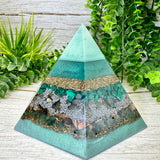 PURGING - Special Edition Hexagonal Pyramid! - EMF Protector - Malachite, Pyrite, Petrified Wood, Green Aventurine with Brass and Aluminum Metals