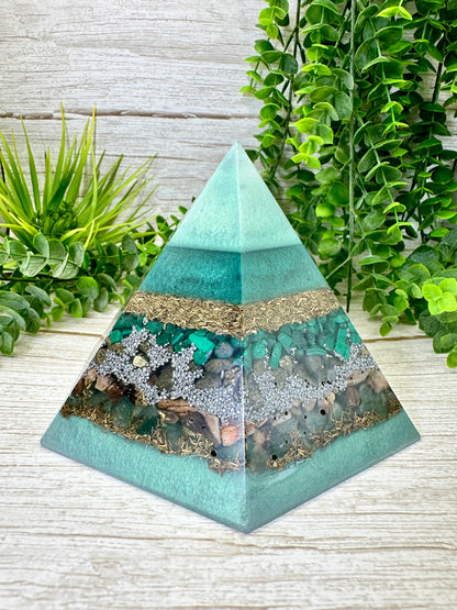 PURGING - Special Edition Hexagonal Pyramid! - EMF Protector - Malachite, Pyrite, Petrified Wood, Green Aventurine with Brass and Aluminum Metals