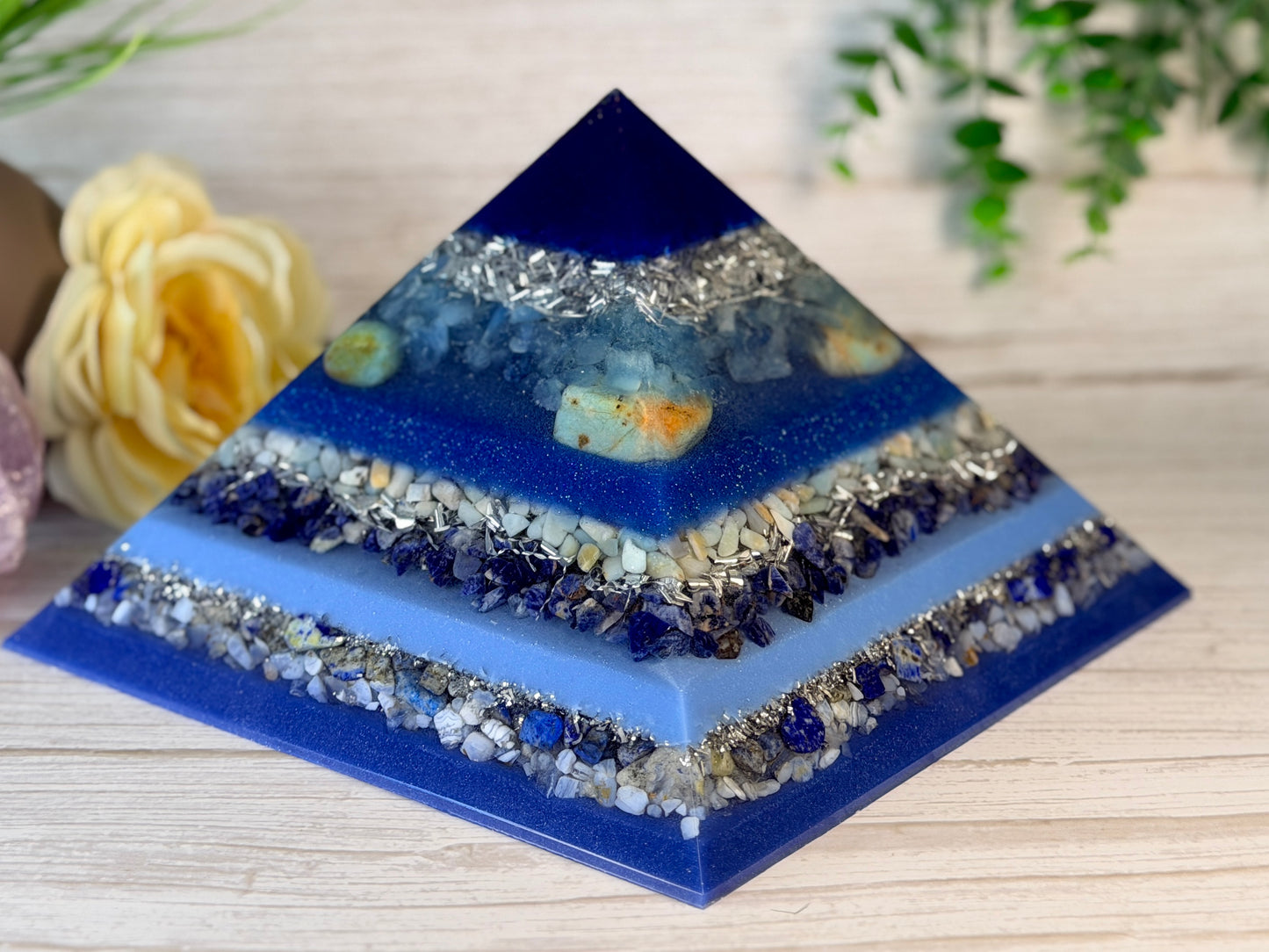WATER - The Elementals Golden Ratio Special Edition Orgonite Pyramid - EMF Protector - Aquamarine, Chrysoprase, Amazonite, Sodalite, Lapiz Lazuli, Blue Lace Agate and Aluminum Metals