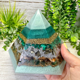 PURGING - Special Edition Hexagonal Pyramid! - EMF Protector - Malachite, Pyrite, Petrified Wood, Green Aventurine with Brass and Aluminum Metals