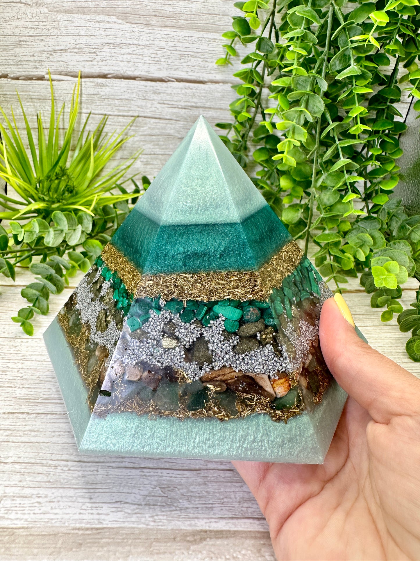 PURGING - Special Edition Hexagonal Pyramid! - EMF Protector - Malachite, Pyrite, Petrified Wood, Green Aventurine with Brass and Aluminum Metals