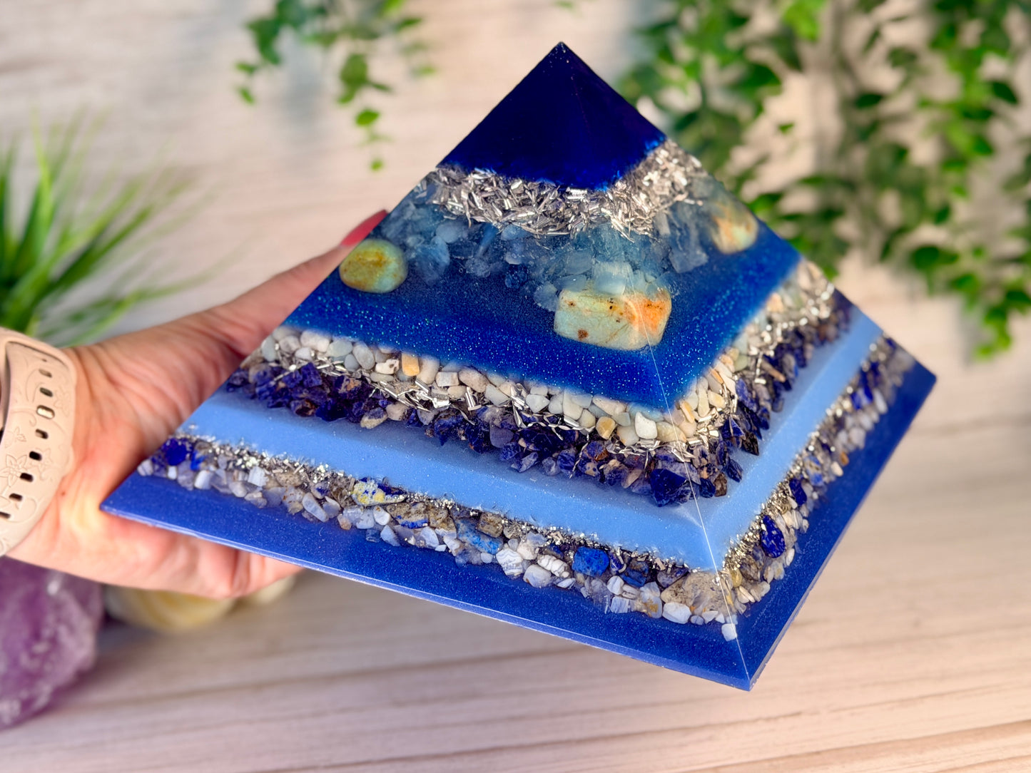 WATER - The Elementals Golden Ratio Special Edition Orgonite Pyramid - EMF Protector - Aquamarine, Chrysoprase, Amazonite, Sodalite, Lapiz Lazuli, Blue Lace Agate and Aluminum Metals